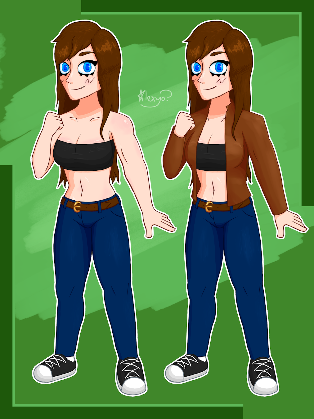 Digital reference drawing of Lyn Selensi both with and without a jacket posing.