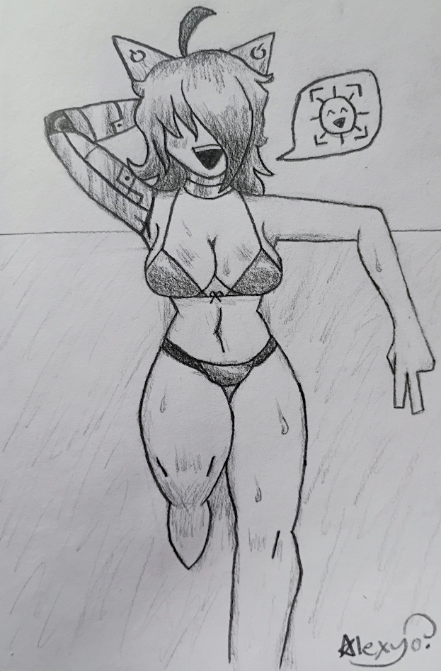 Pencil drawing of Silthom's Sona in a bikini leaning against a wall.