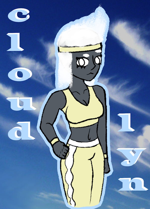 A digital drawing of an AU Lyn named Cloud Lyn. She has dark grey skin, pure white eyes, and white fluffy hair that forms a large fluffy spike. She is wearing a light yellow sweatband, a light yellow sports bra, and a light yellow pair of yoga pants with a white waistband and white fluffy pattern running down the side.