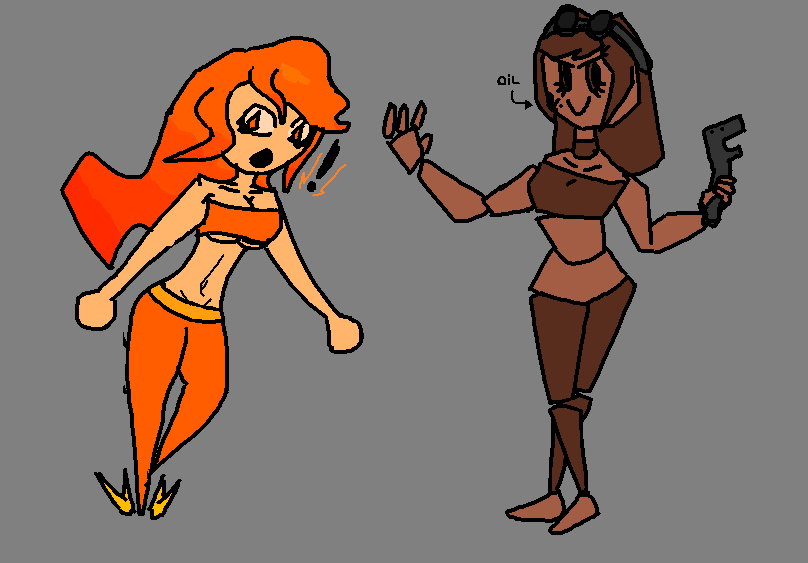Digital drawing of Fire Lyn and Brick Lyn, colored.