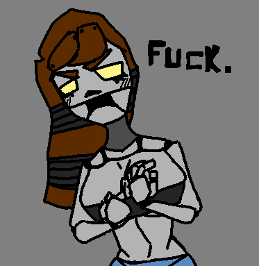 Digital drawing of Robo-Lyn covering her chest, with text that says 'Fuck'.