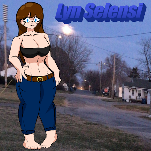 Digital drawing of Lyn standing in a neighborhood street at dusk.